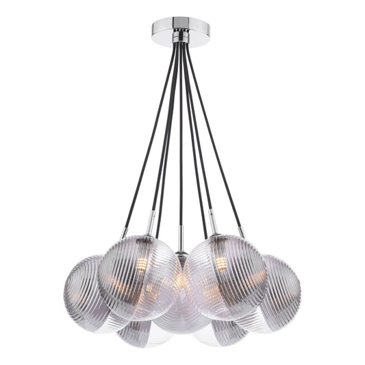 Elpis 7 Light Cluster Pendant Polished Chrome & Smoked/Clear Ribbed Glass