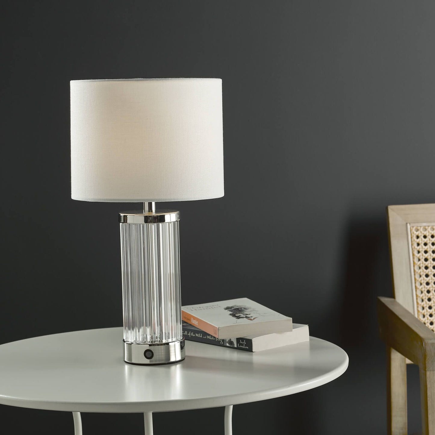 Enrico Rechargeable Table Lamp Polished Nickel and Glass With Shade LED