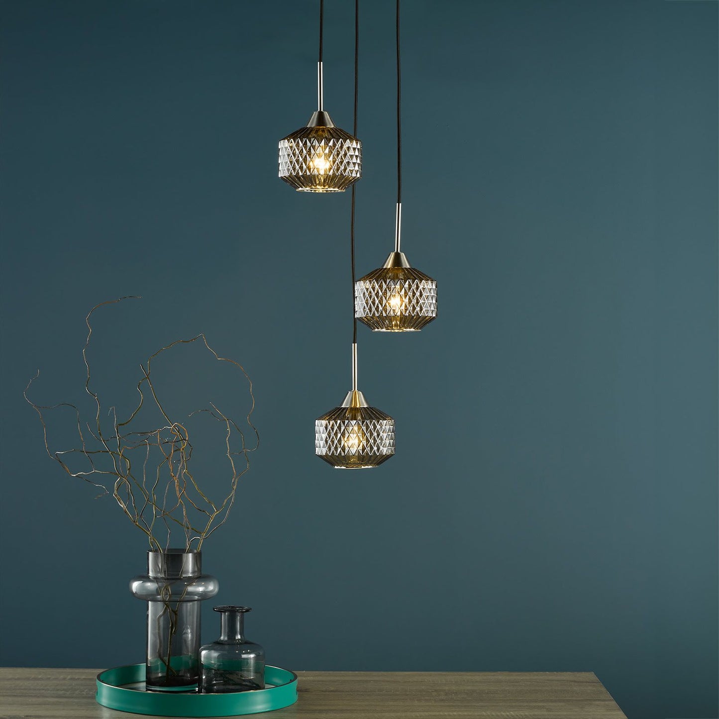 Fabrienne 3 Light Cluster Pendant Satin Nickel and Smoked Glass