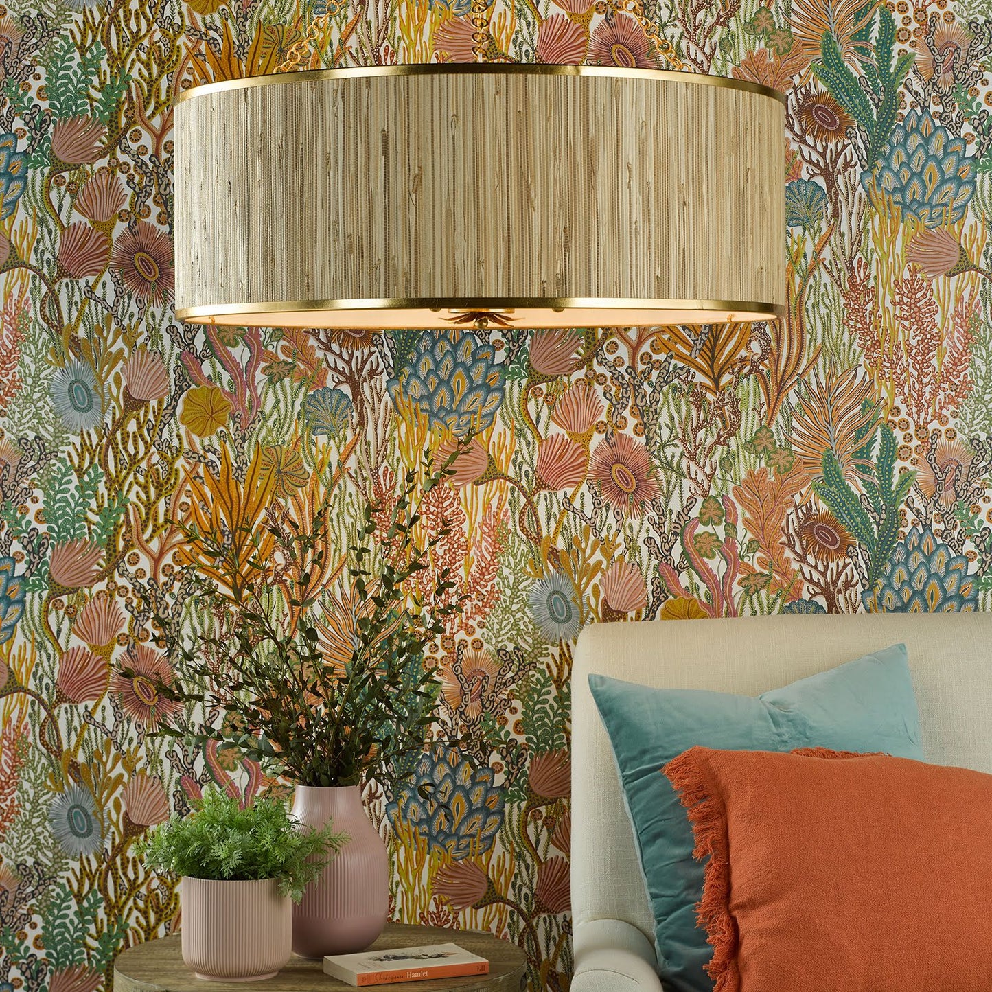 Fenella 8 Light Pendant Gold Leaf and Seagrass Shade