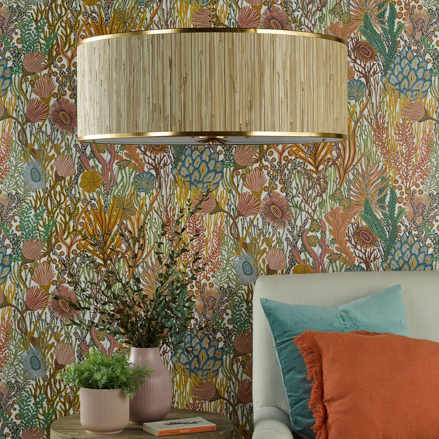 Fenella 8 Light Pendant Gold Leaf and Seagrass Shade