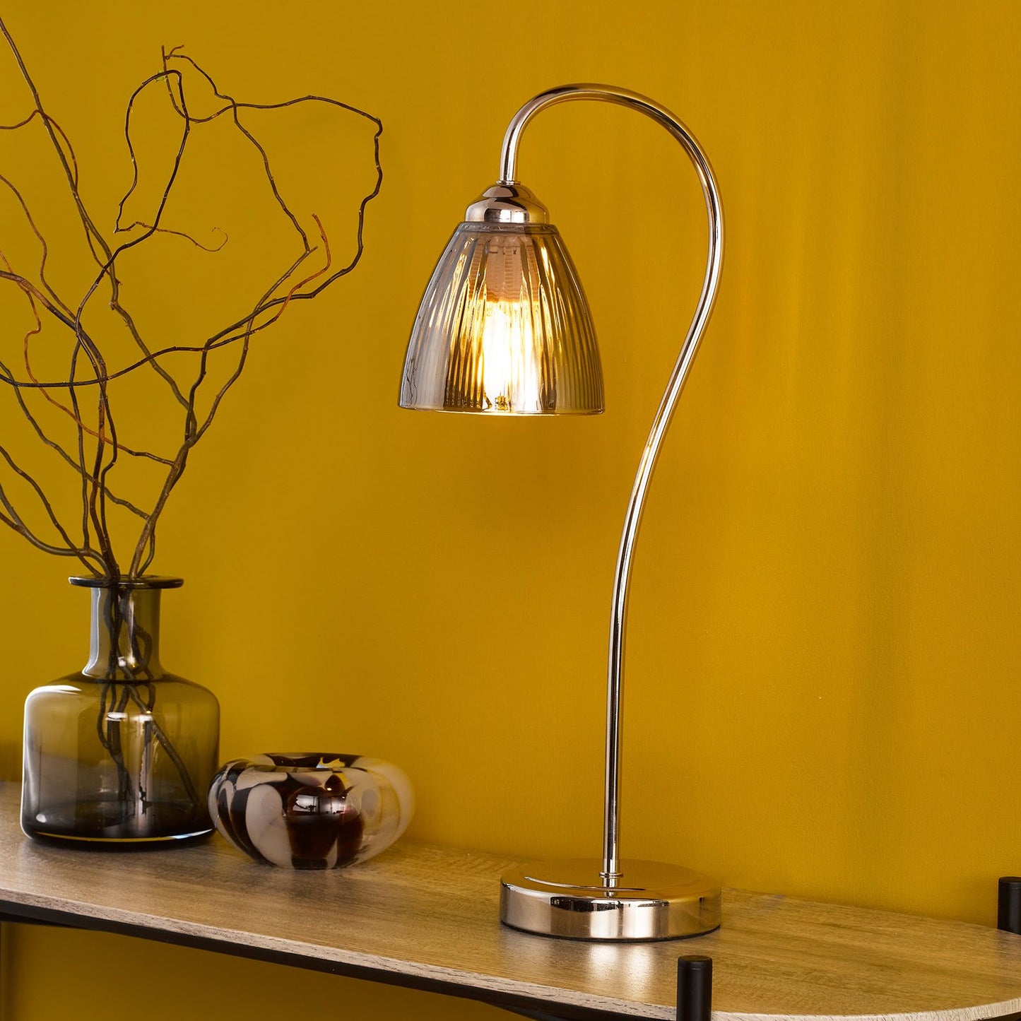 Glynis Table Lamp Polished Nickel and Smoked Ribbed Glass