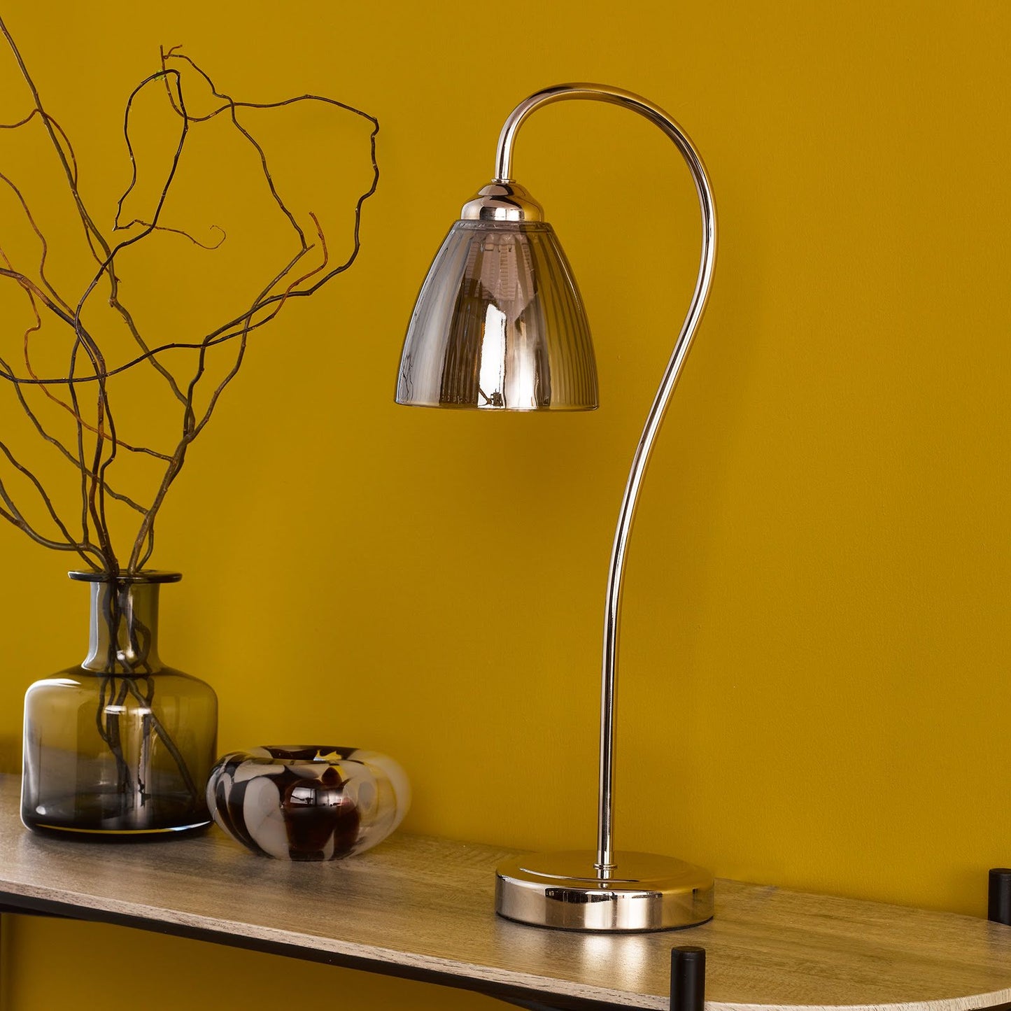 Glynis Table Lamp Polished Nickel and Smoked Ribbed Glass