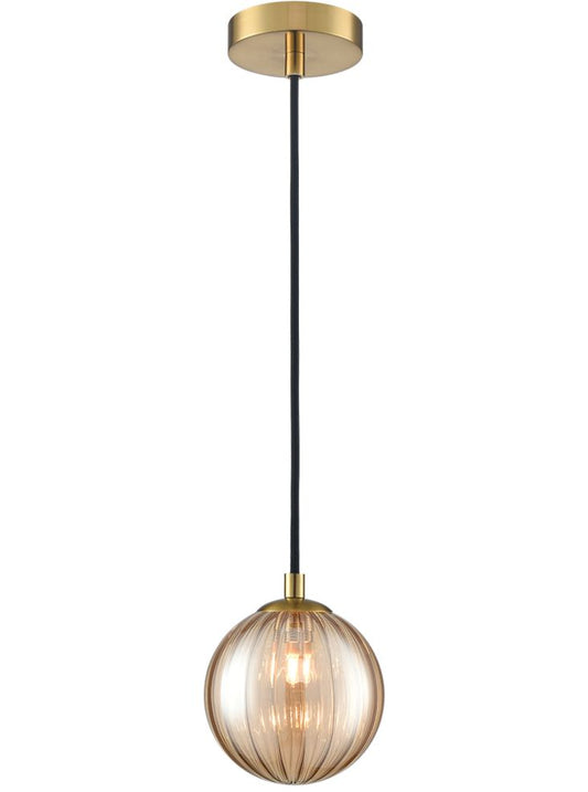 Globe Pendant Aged Brass With Amber Ribbed Glass