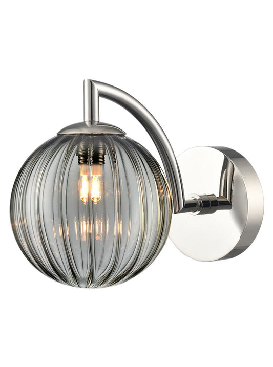 Globe Wall light polished nickel with smoked ribbed glass
