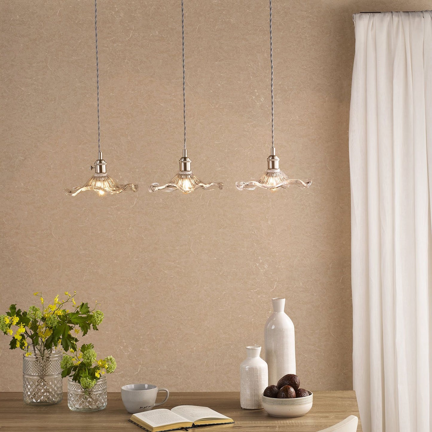 Hadano 3 Light Bar Pendant Antique Chrome and Wavy Glass