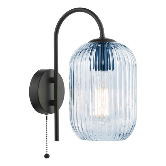 Idra Wall Light Satin Black and Blue Ribbed Glass