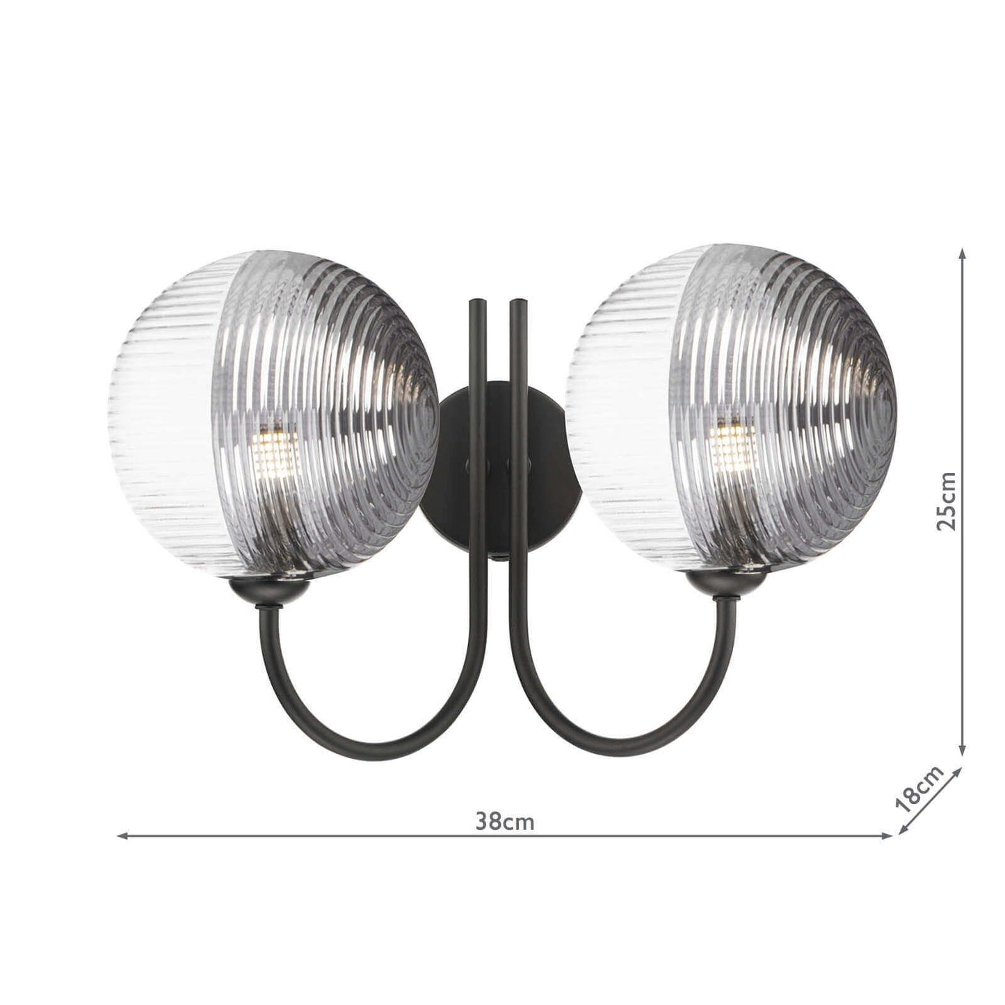 Jared 2 Light Wall Light Matt Black & Smoked/Clear Ribbed Glass