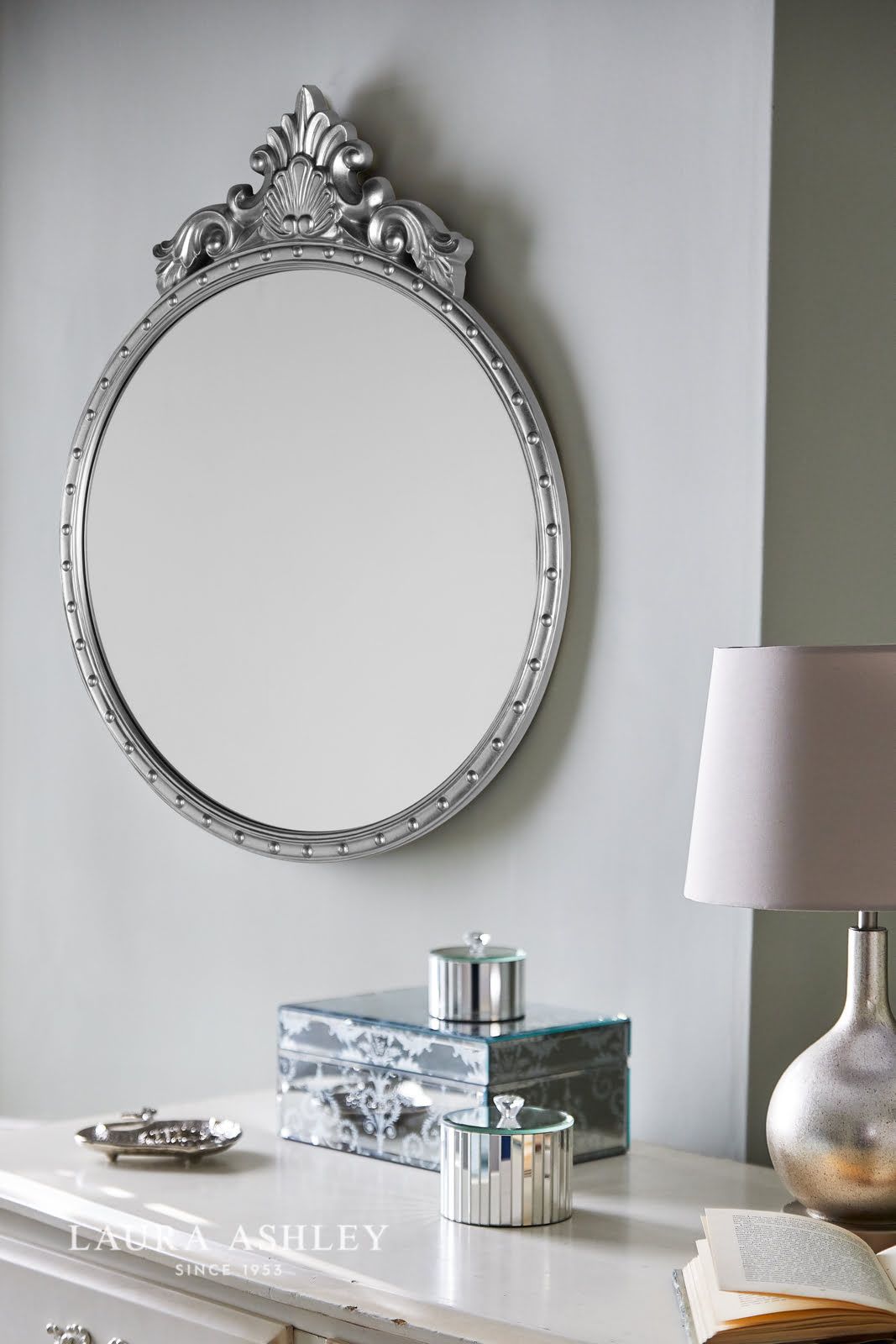 Laura Ashley Overton Ornate Round Mirror Silver Frame 73 x 58cm