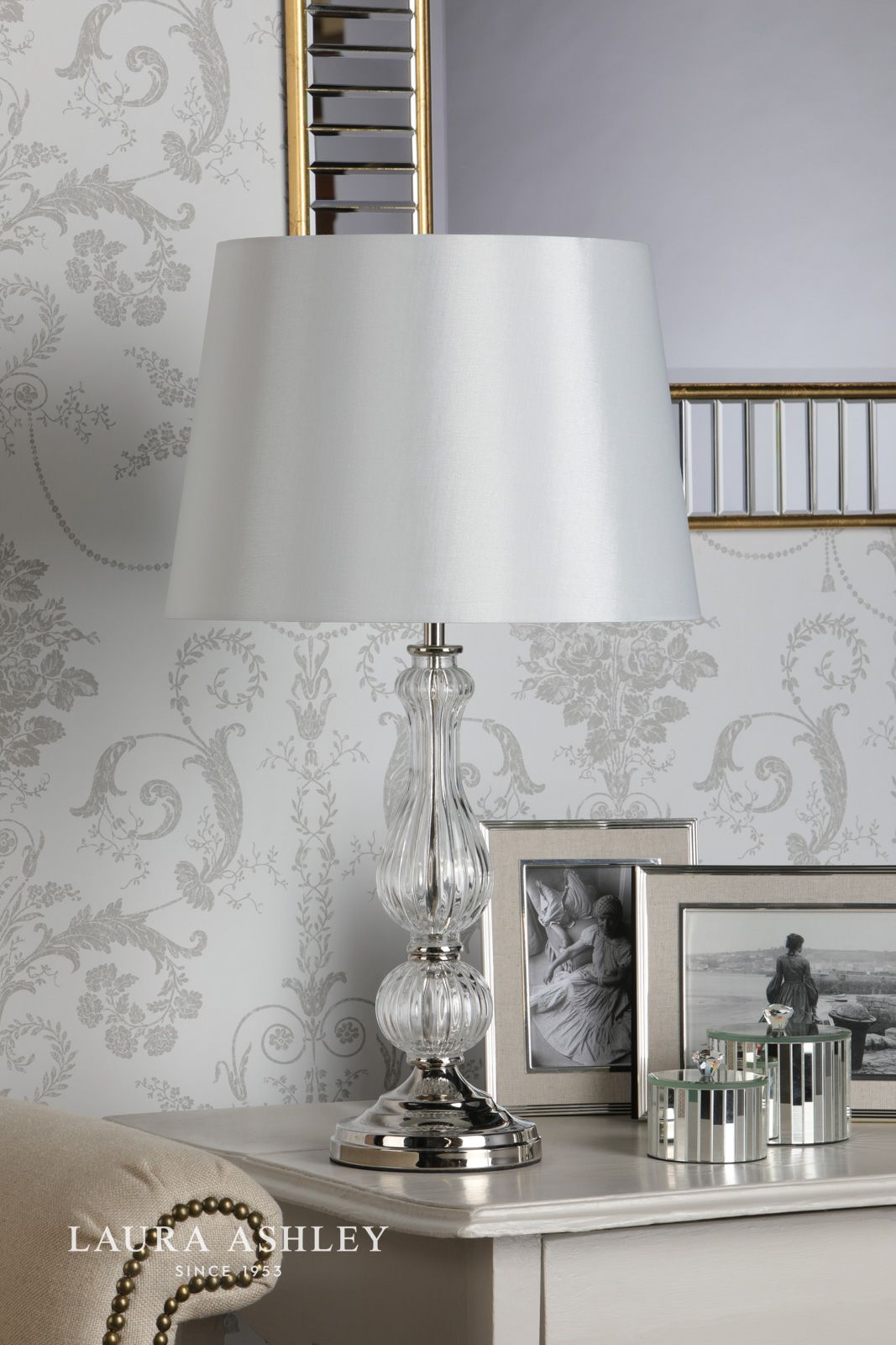 Laura Ashley Bradshaw Table Lamp Polished Nickel & Ribbed Glass With Shade