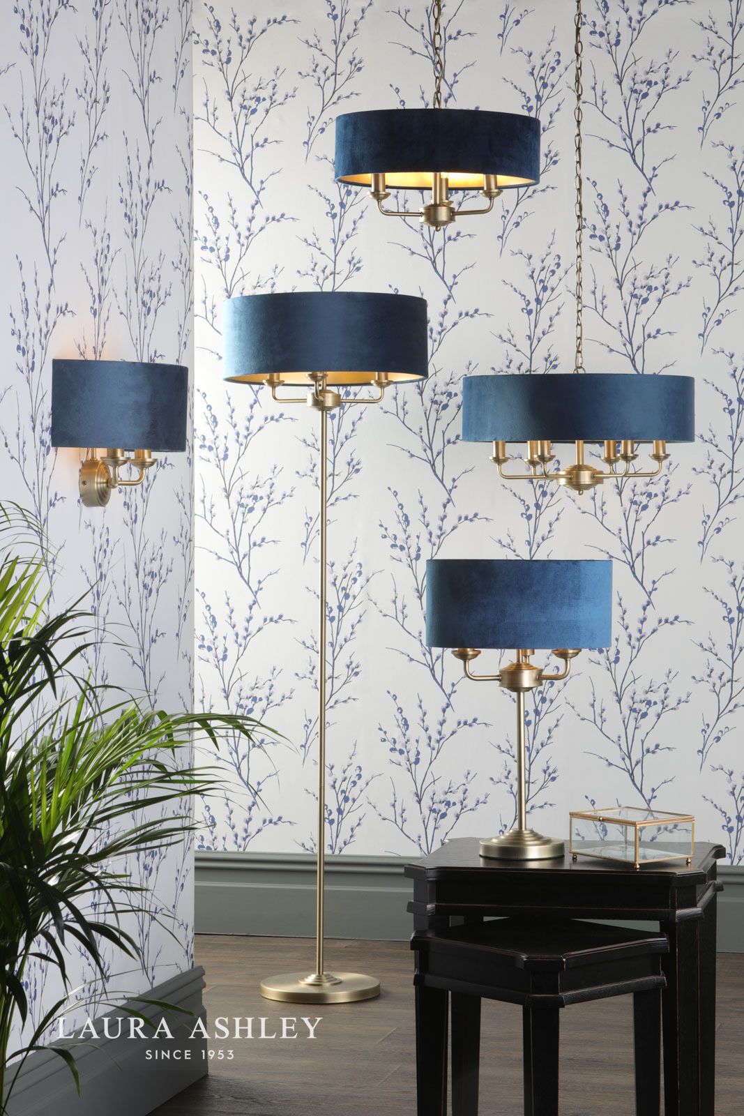 Laura Ashley Sorrento 3 Light Pendant Matt Antique Brass & Blue Shade