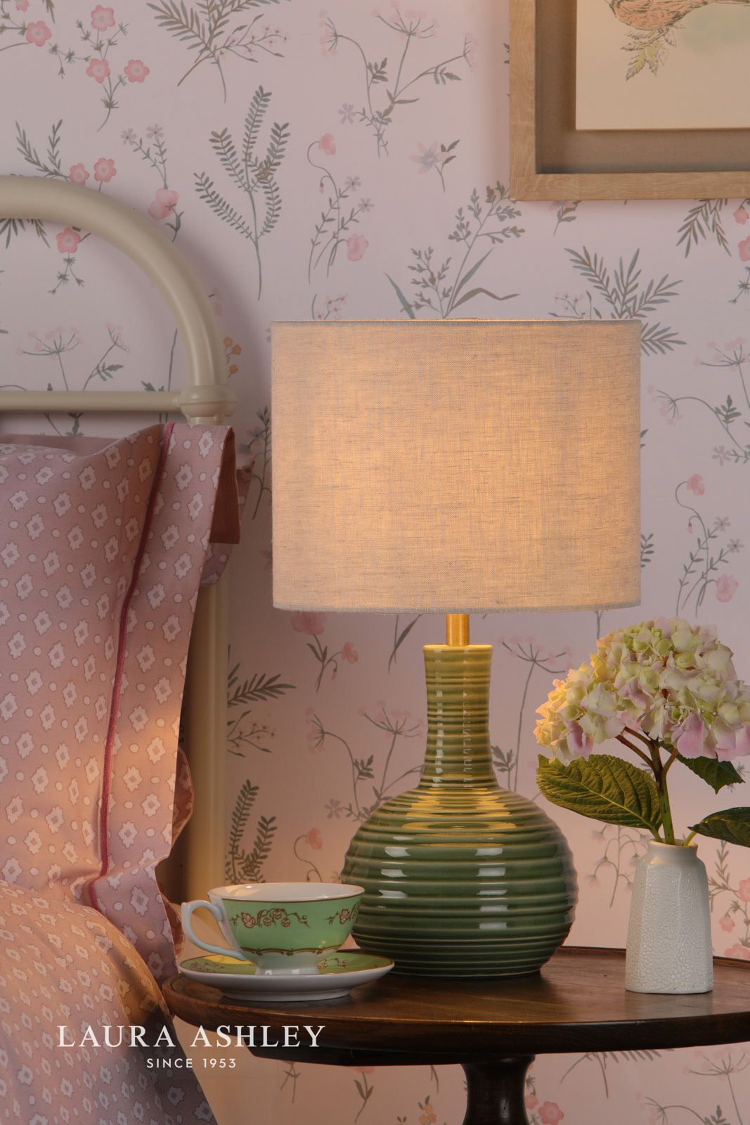 Laura Ashley Padley Table Lamp Green Ceramic & Antique Brass With Shade