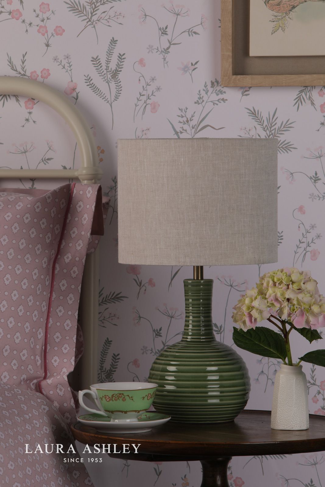 Laura Ashley Padley Table Lamp Green Ceramic & Antique Brass With Shade