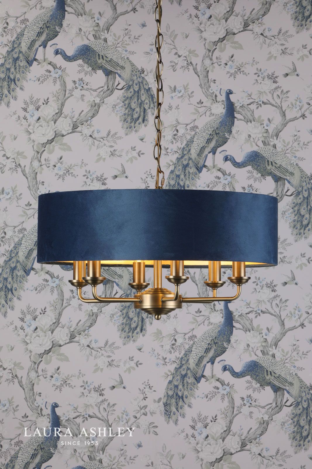 Laura Ashley Sorrento 6 Light Pendant Matt Antique Brass & Blue Shade