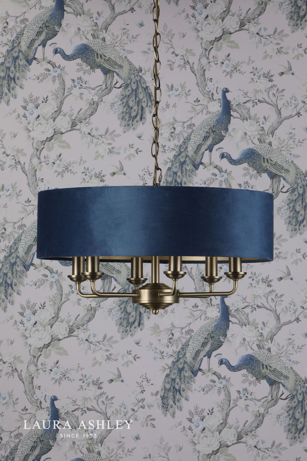 Laura Ashley Sorrento 6 Light Pendant Matt Antique Brass & Blue Shade