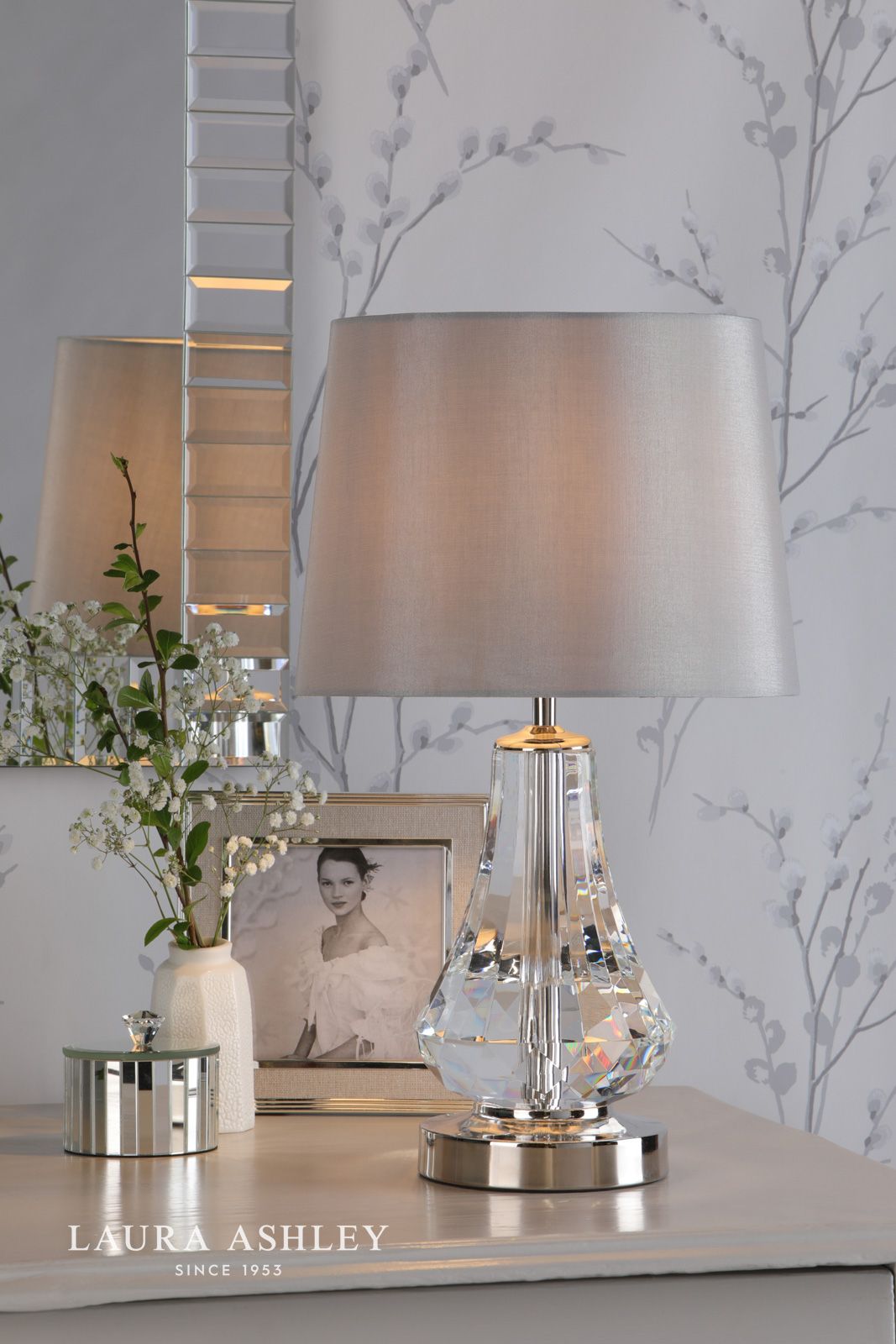 Laura Ashley Humby Touch Table Lamp Crystal & Polished Nickel With Shade