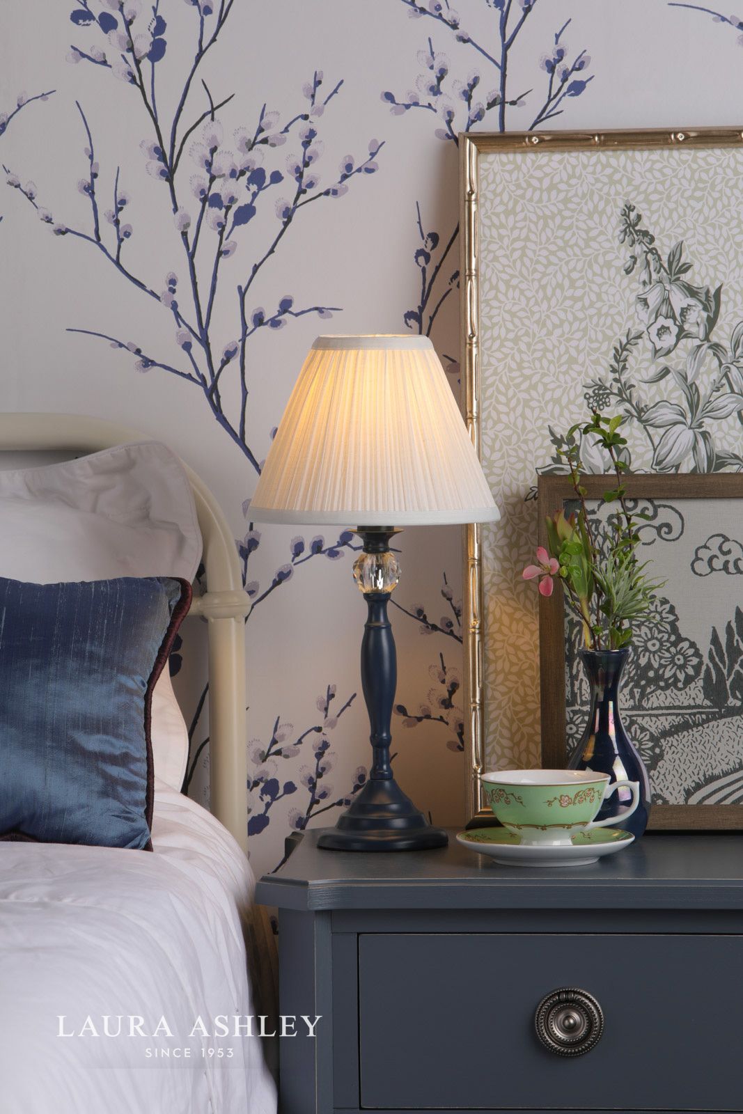 Laura Ashley Ellis Table Lamp Matt Blue & Crystal With Shade