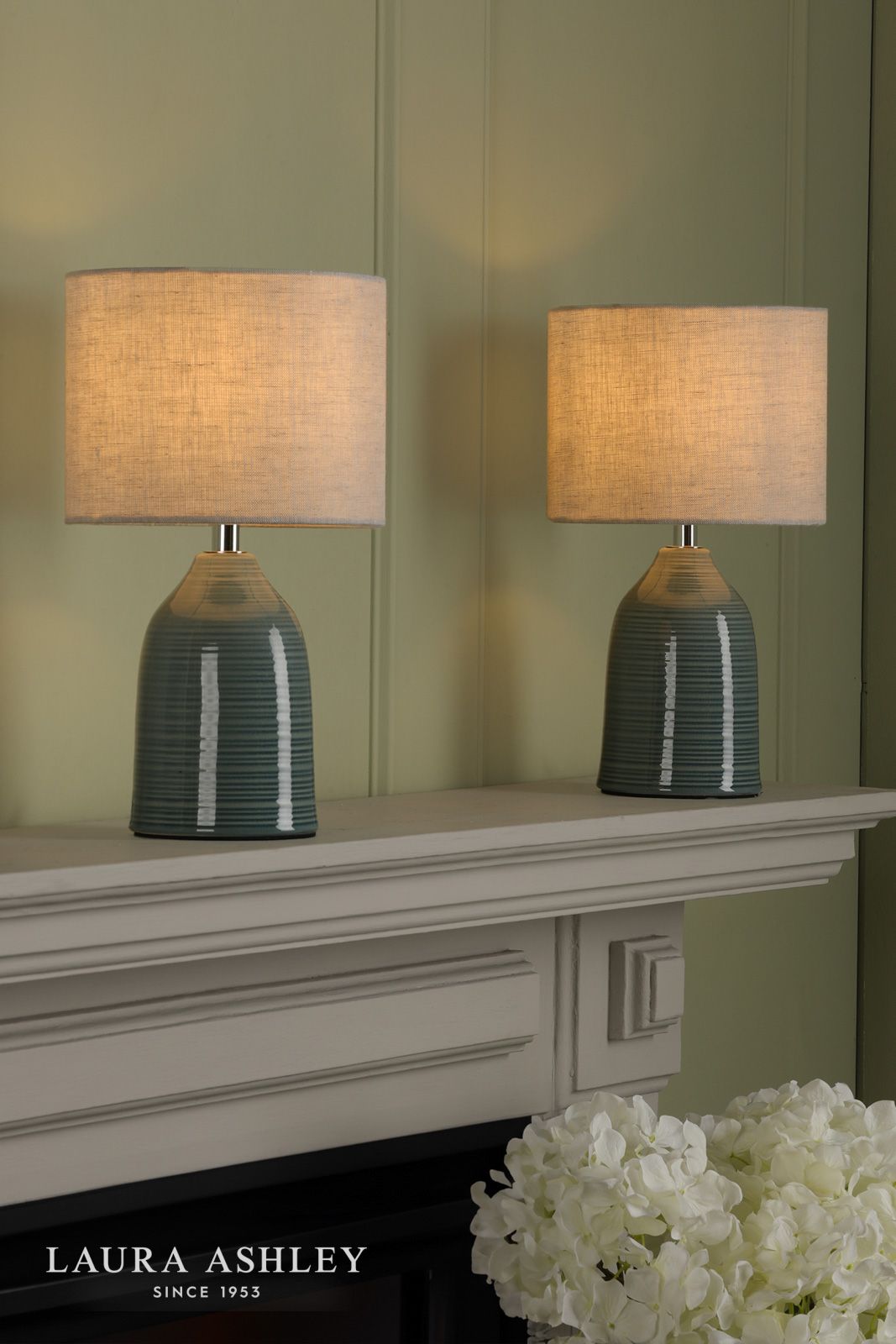 Laura Ashley Penny Twin Pack Table Lamp Blue Crackle Glaze With Shade