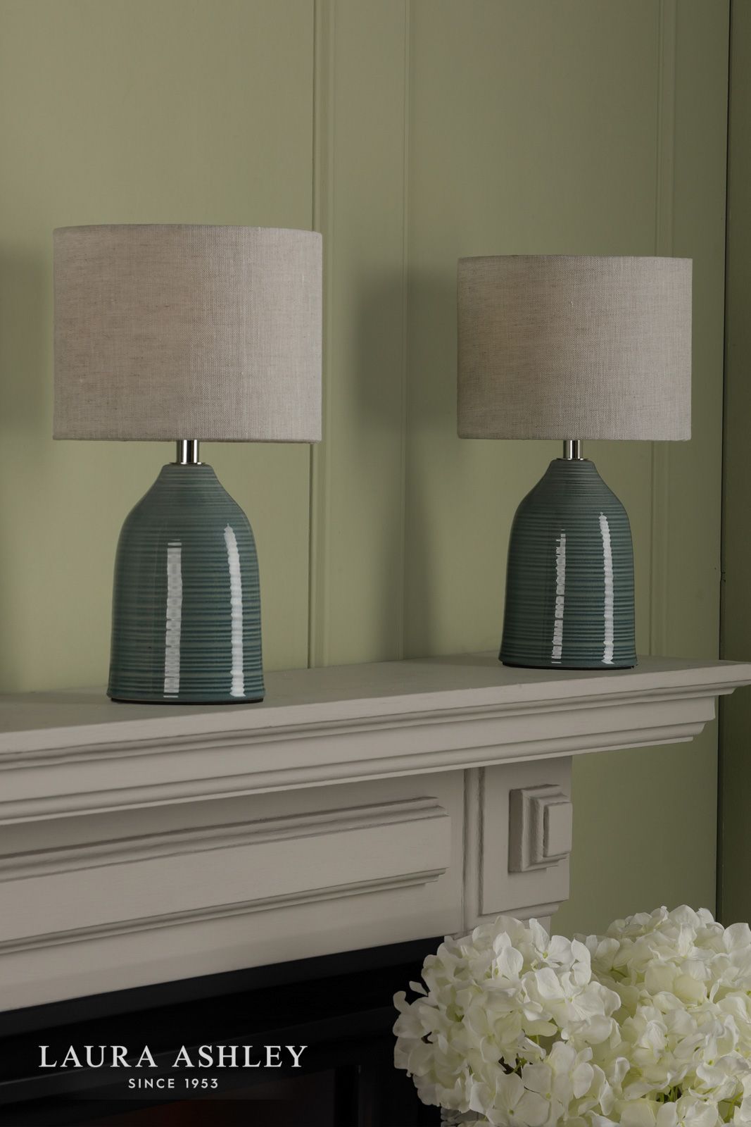 Laura Ashley Penny Twin Pack Table Lamp Blue Crackle Glaze With Shade