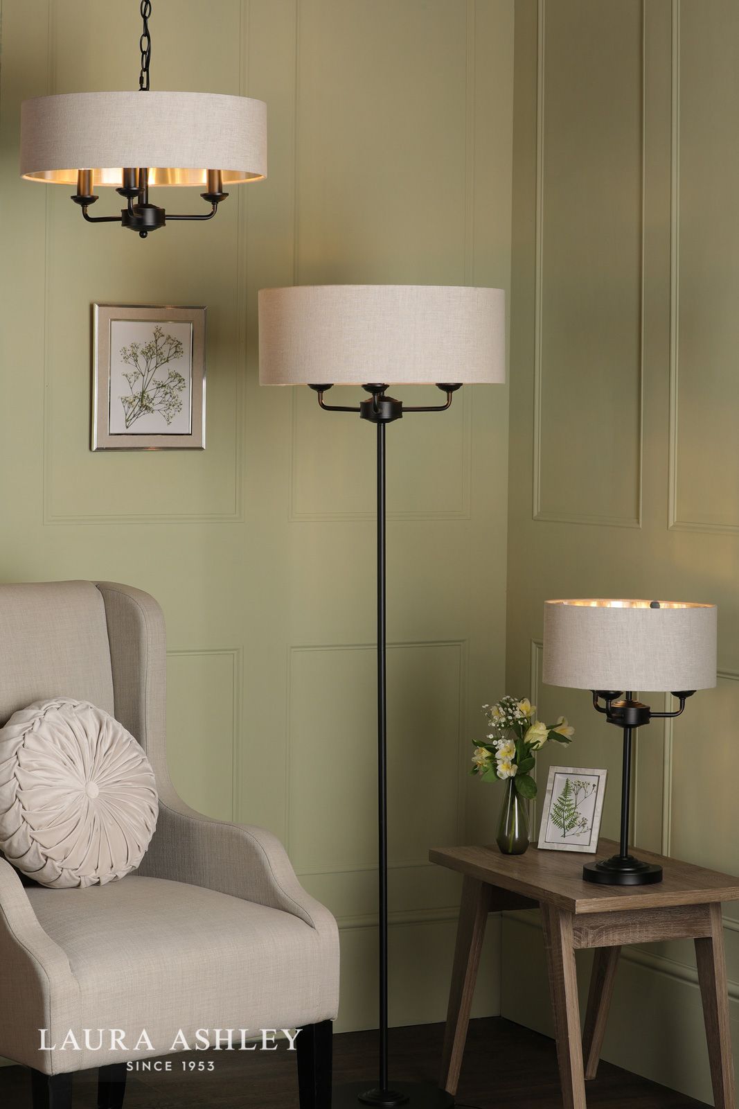 Laura Ashley Sorrento 3 Light Shadelier Matt Black and Natural With Shade