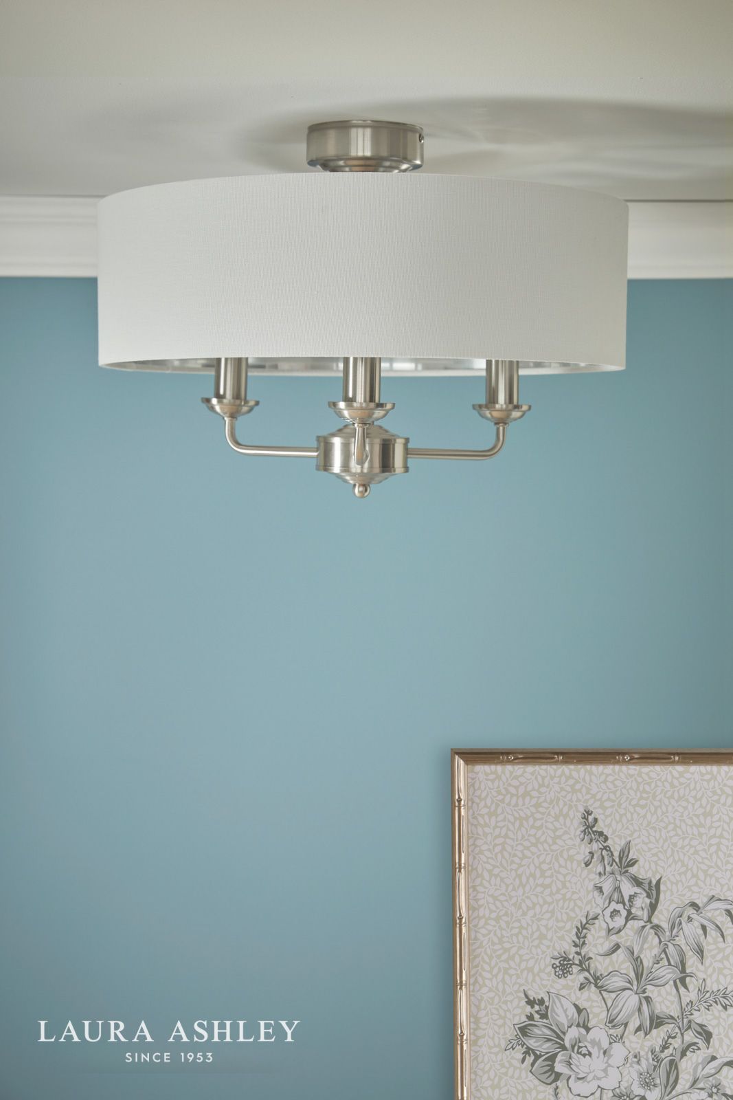 Laura Ashley Sorrento 3 Light Semi-Flush Satin Nickel and Natural With Shade