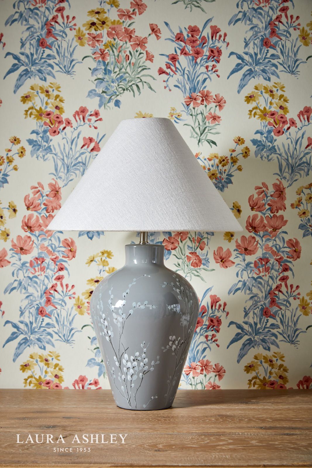 Laura Ashley Pussywillow Table Lamp Grey Ceramic and Polished Nickel With Shade