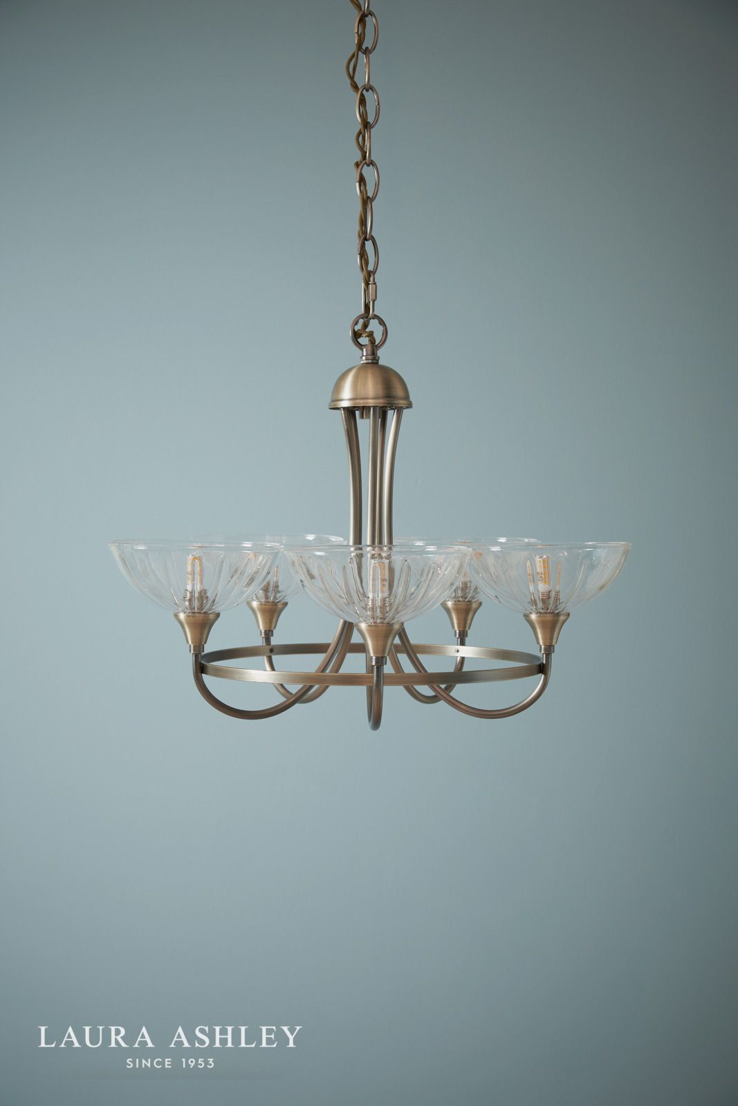 Laura Ashley Wellham 5 Light Armed Pendant Antique Brass and Glass