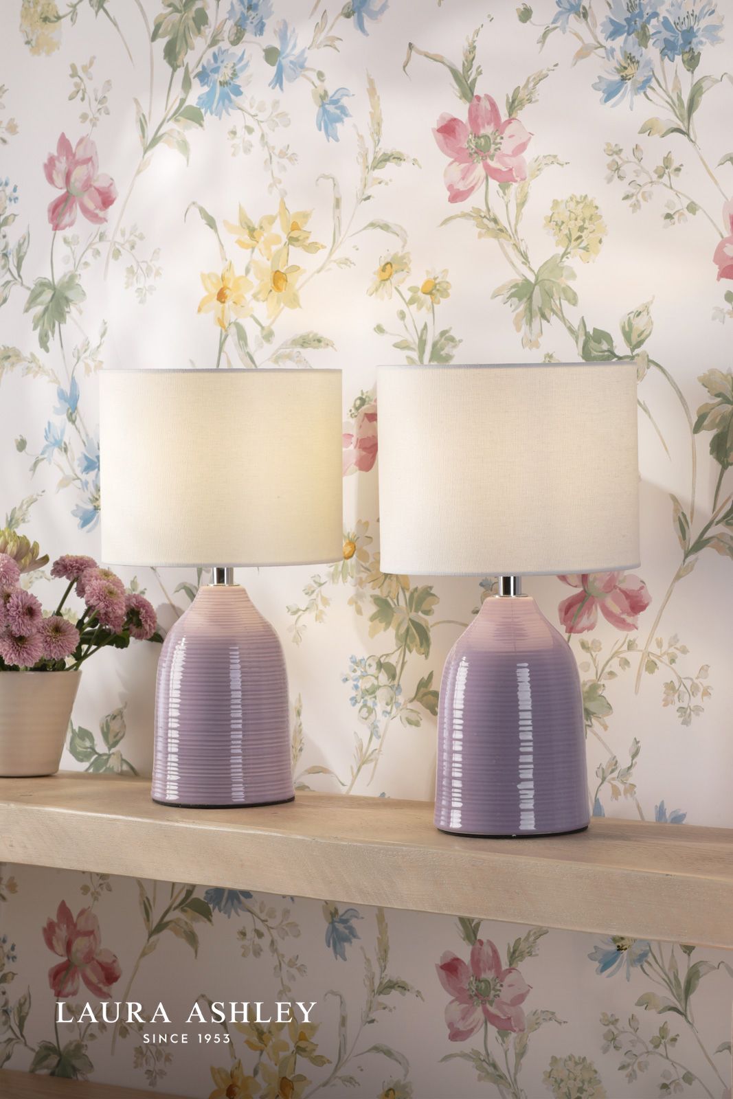 Laura Ashley Penny Table Lamp Purple Ceramic and Polished Chrome With Shade (Twin Pack)