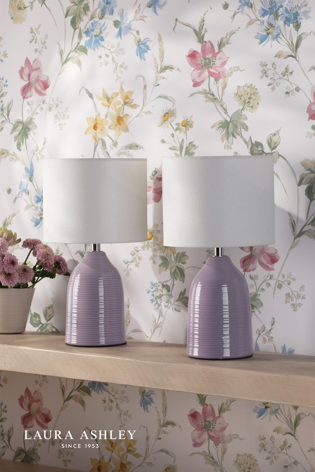 Laura Ashley Penny Table Lamp Purple Ceramic and Polished Chrome With Shade (Twin Pack)