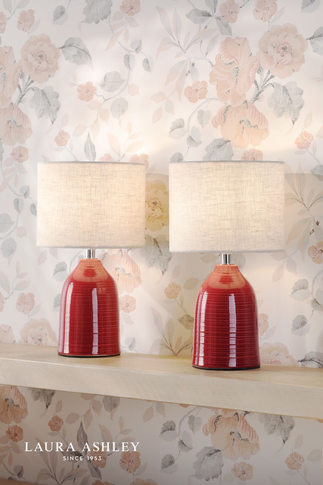 Laura Ashley Penny Table Lamp Red Ceramic and Polished Chrome With Shade (Twin Pack)