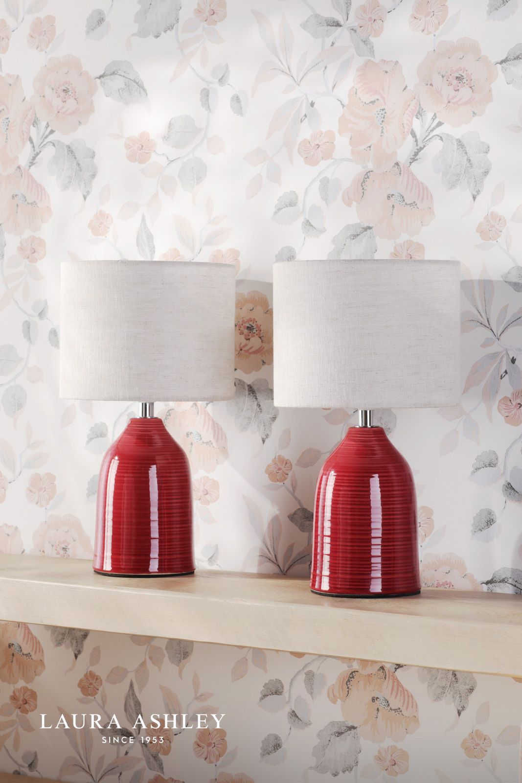 Laura Ashley Penny Table Lamp Red Ceramic and Polished Chrome With Shade (Twin Pack)