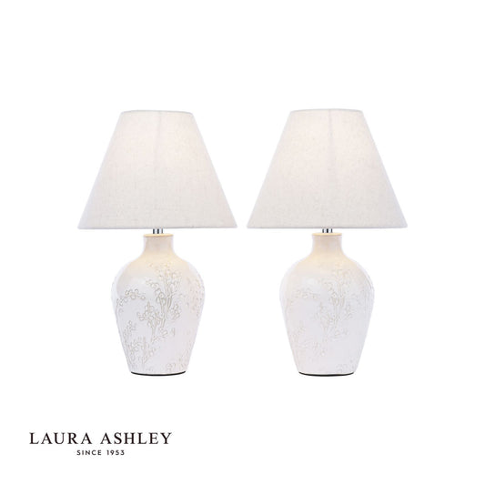 Laura Ashley Pussywillow Table Lamp Cream Ceramic and Polished Chrome With Shade (Twin Pack)