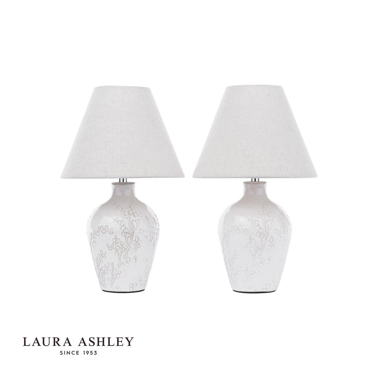 Laura Ashley Pussywillow Table Lamp Cream Ceramic and Polished Chrome With Shade (Twin Pack)