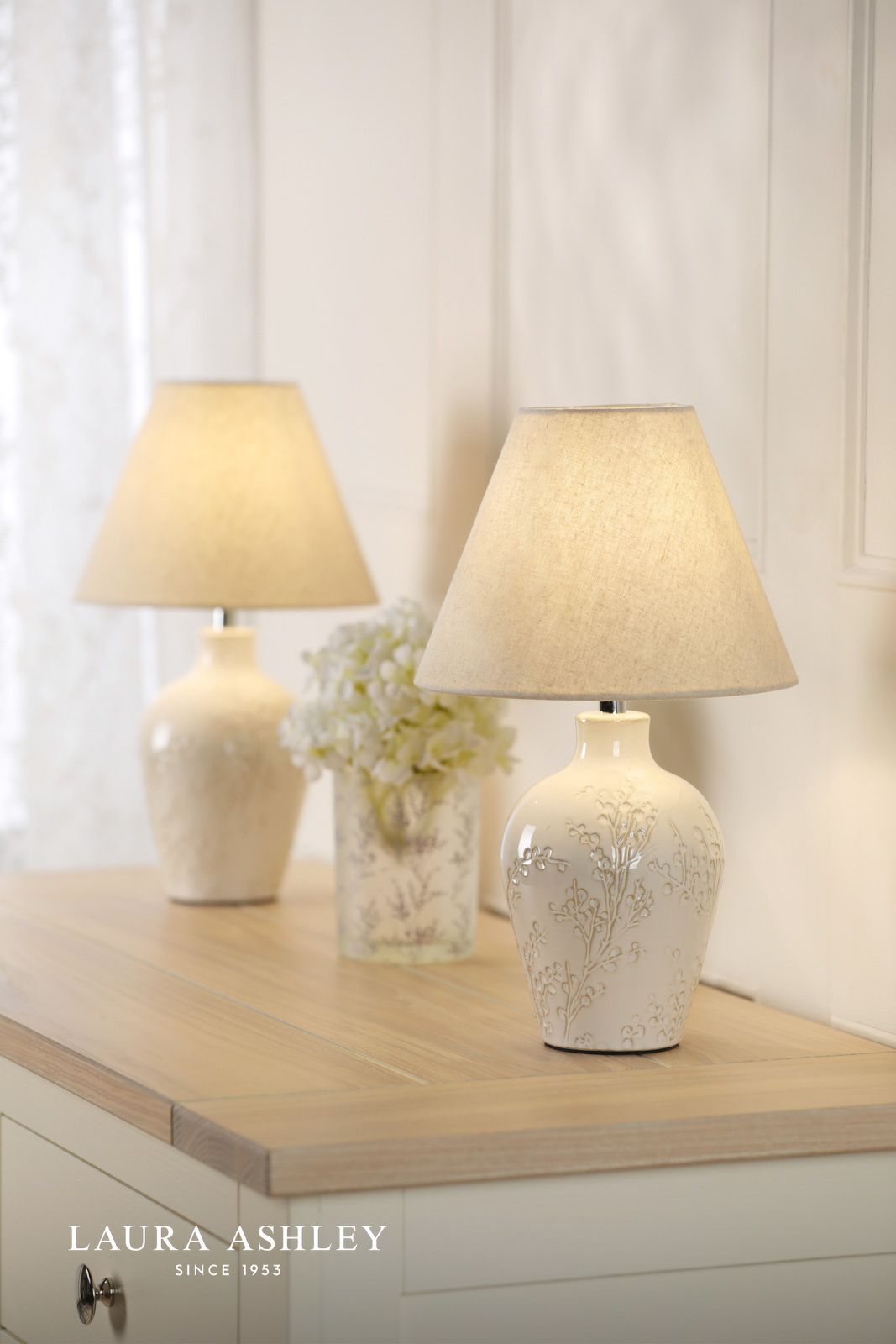 Laura Ashley Pussywillow Table Lamp Cream Ceramic and Polished Chrome With Shade (Twin Pack)