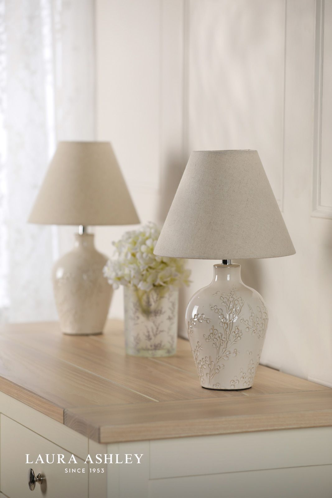 Laura Ashley Pussywillow Table Lamp Cream Ceramic and Polished Chrome With Shade (Twin Pack)