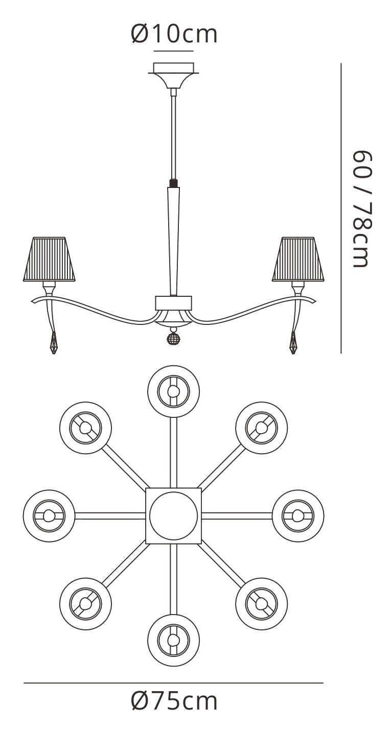 Siena Pendant Round 8 Light E14, Antique Brass With Amber Cream Shades And Amber Crystal by Mantra