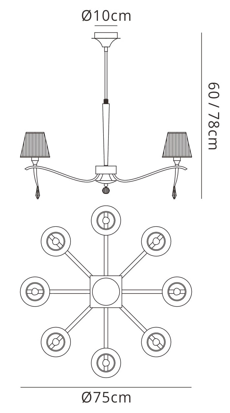 Siena Pendant Round 8 Light E14, Polished Brass With Amber Cream Shades And Clear Crystal by Mantra