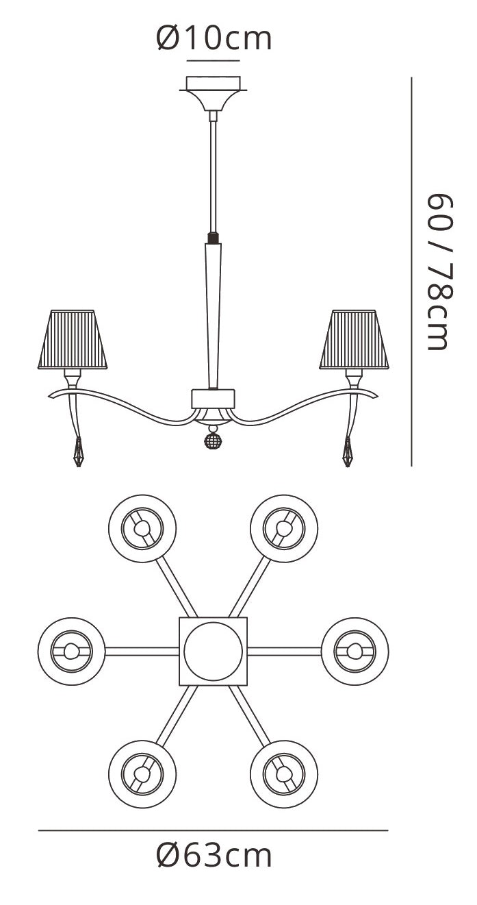 Siena Pendant Round 6 Light E14, Antique Brass With Amber Cream Shades And Amber Crystal by Mantra