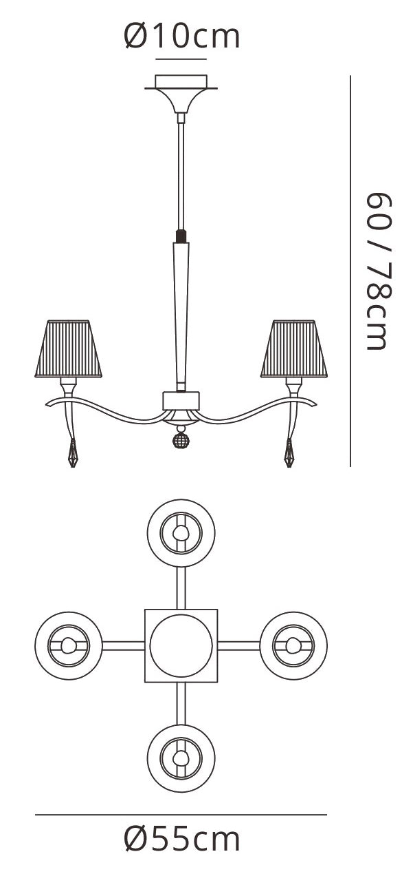 Siena Pendant Round 4 Light E14, Antique Brass With Amber Cream Shades And Amber Crystal by Mantra