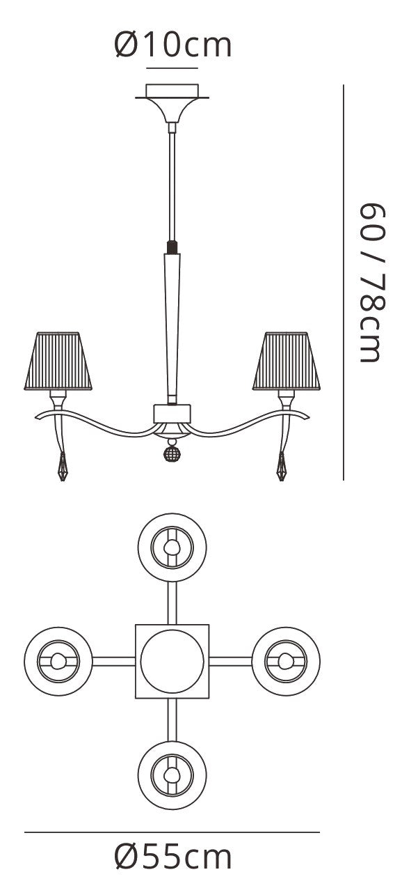 Siena Pendant Round 4 Light E14, Polished Brass With Amber Cream Shades And Clear Crystal by Mantra