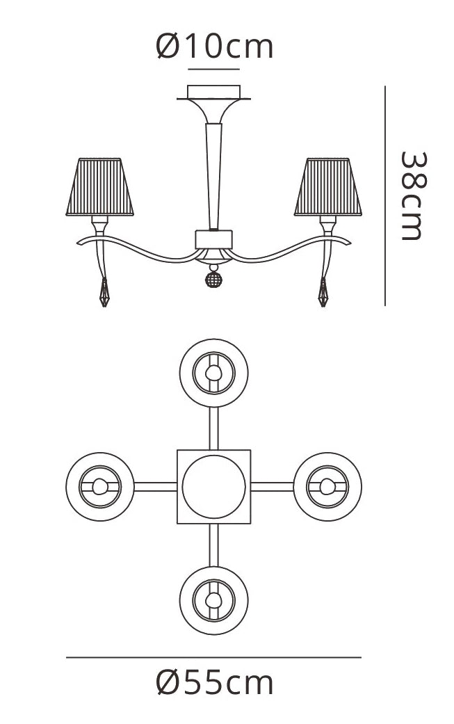 Siena Semi Flush Round 4 Light E14, Antique Brass With Amber Cream Shades And Amber Crystal by Mantra