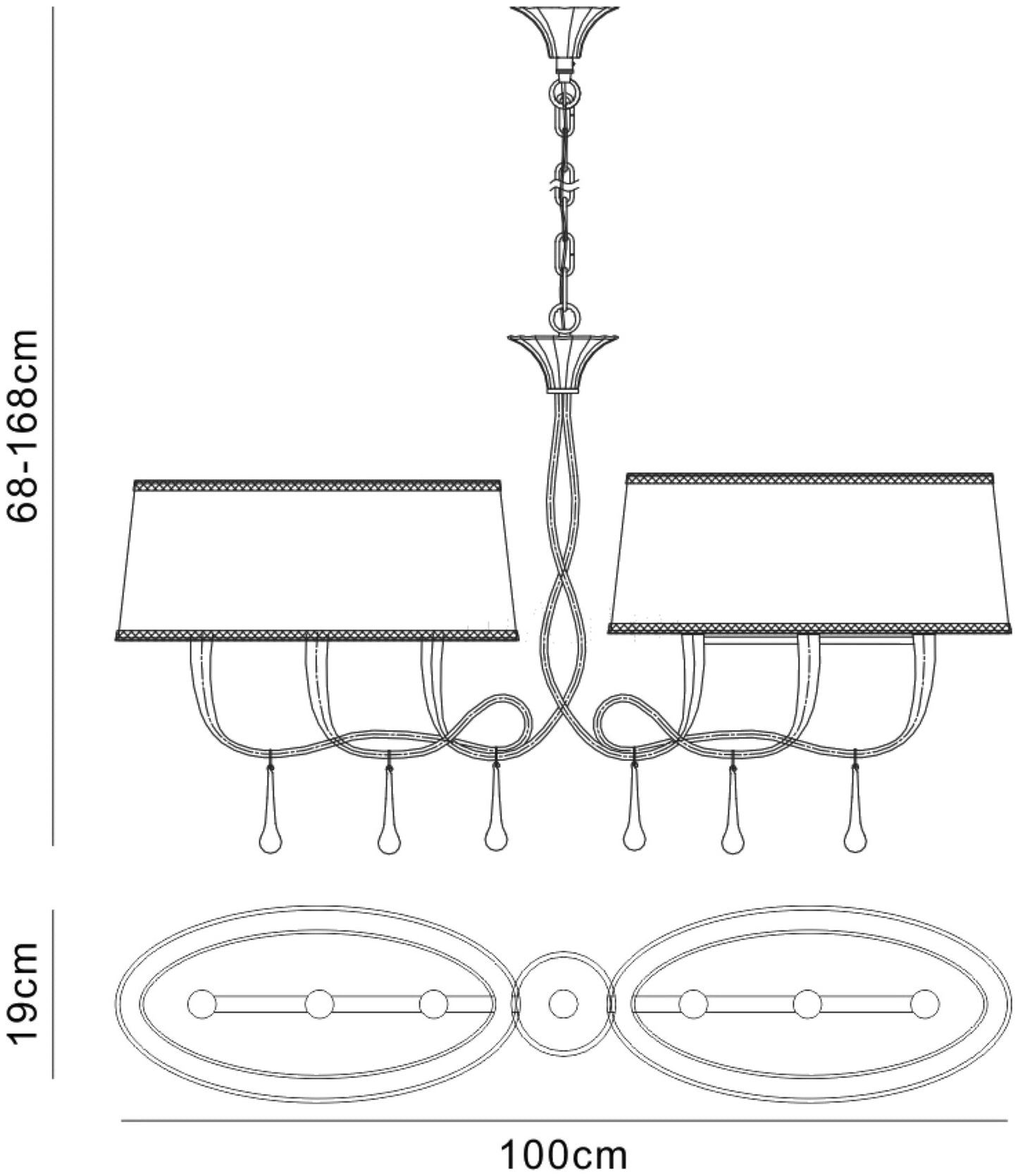 Paola Linear Pendant 2 Arm 6 Light E14, Silver Painted With Cream Shades & Black Glass Droplets by Mantra