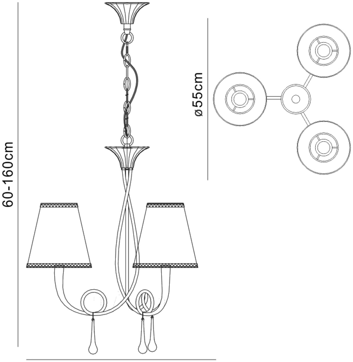 Paola Pendant 3 Light E14, Silver Painted With Cream Shades & Black Glass Droplets by Mantra