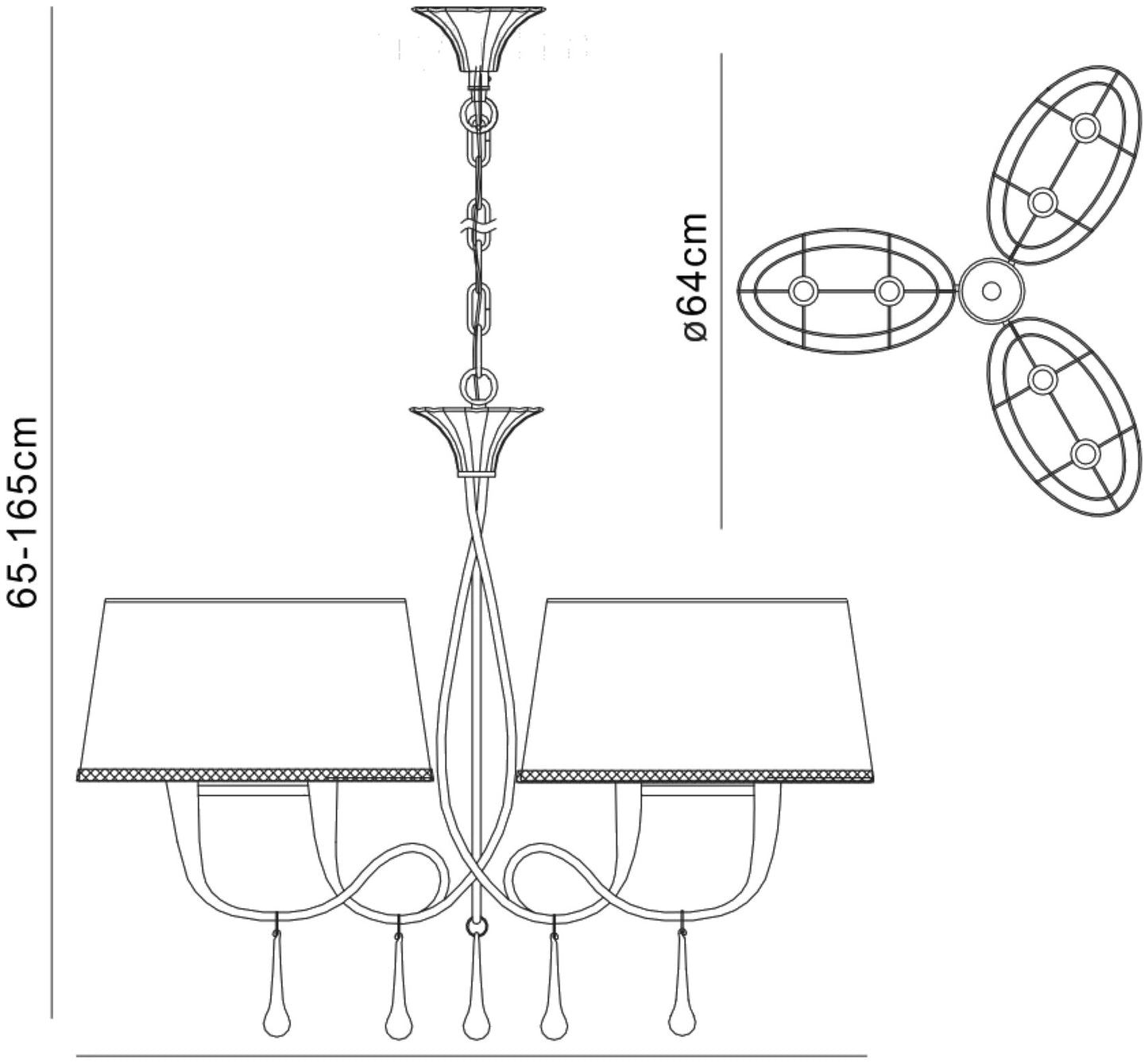 Paola Pendant 3 Arm 6 Light E14, Gold Painted With Cream Shades & Amber Glass Droplets (3540) by Mantra