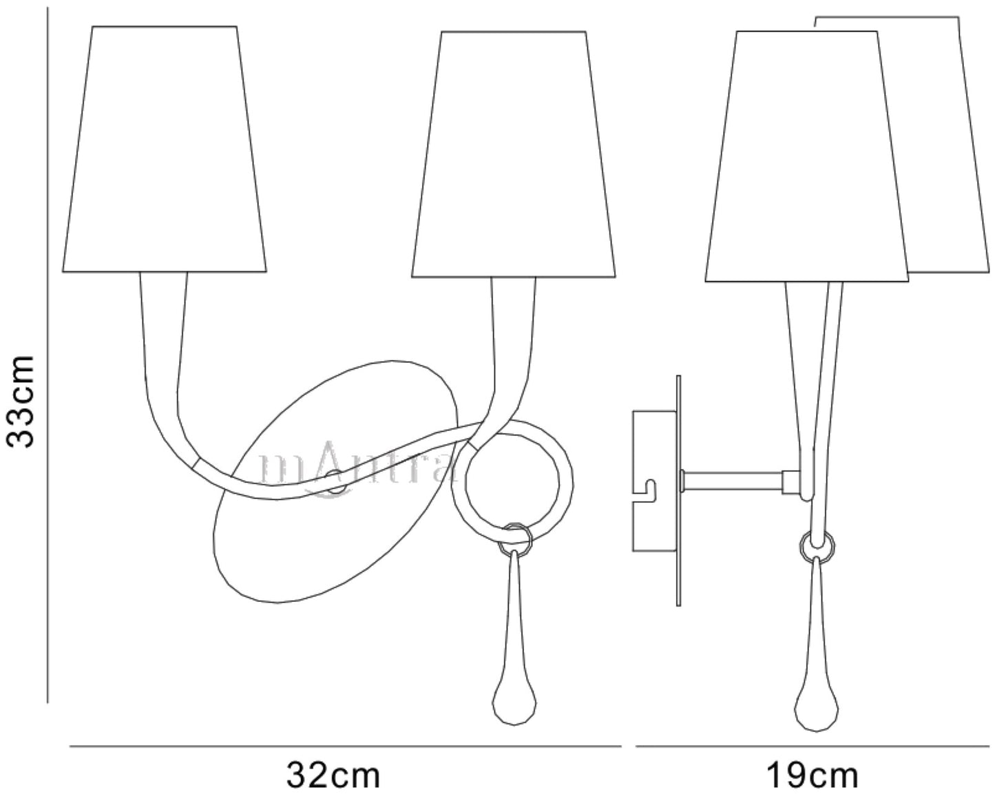 Paola Wall Lamp 2 Light E14, Gold Painted With Cream Shades & Amber Glass Droplets (3547) by Mantra