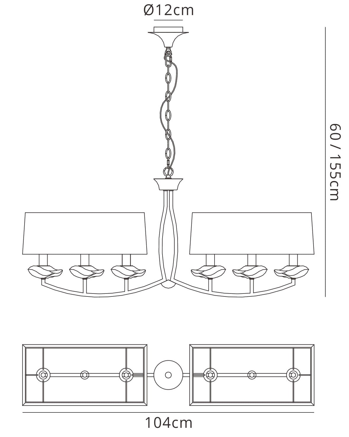 Akira Linear Pendant 2 Arm 6 Light E14, Antique Brass With Cream Shades by Mantra