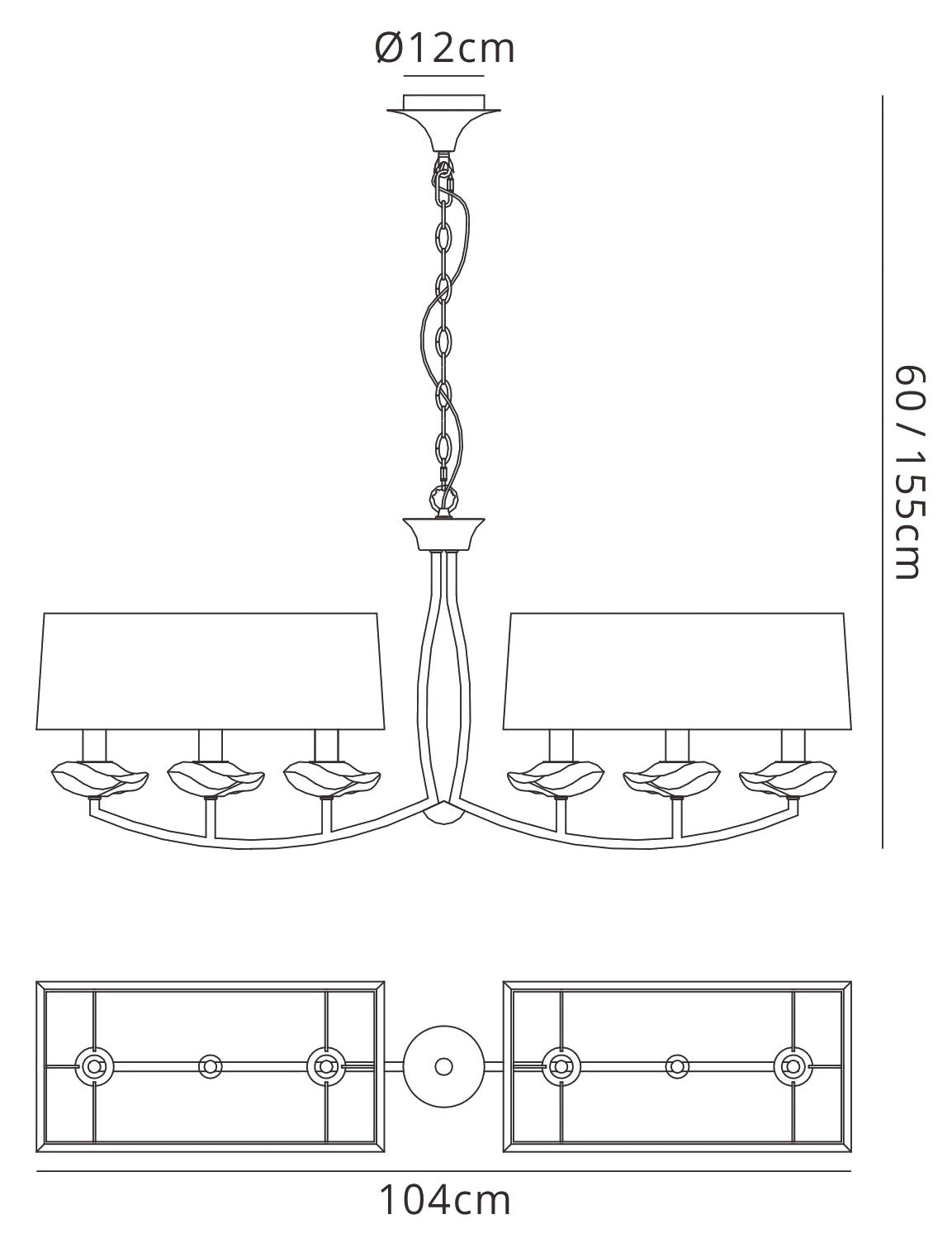 Akira Linear Pendant 2 Arm 6 Light E14, Polished Chrome With Cream Shades by Mantra