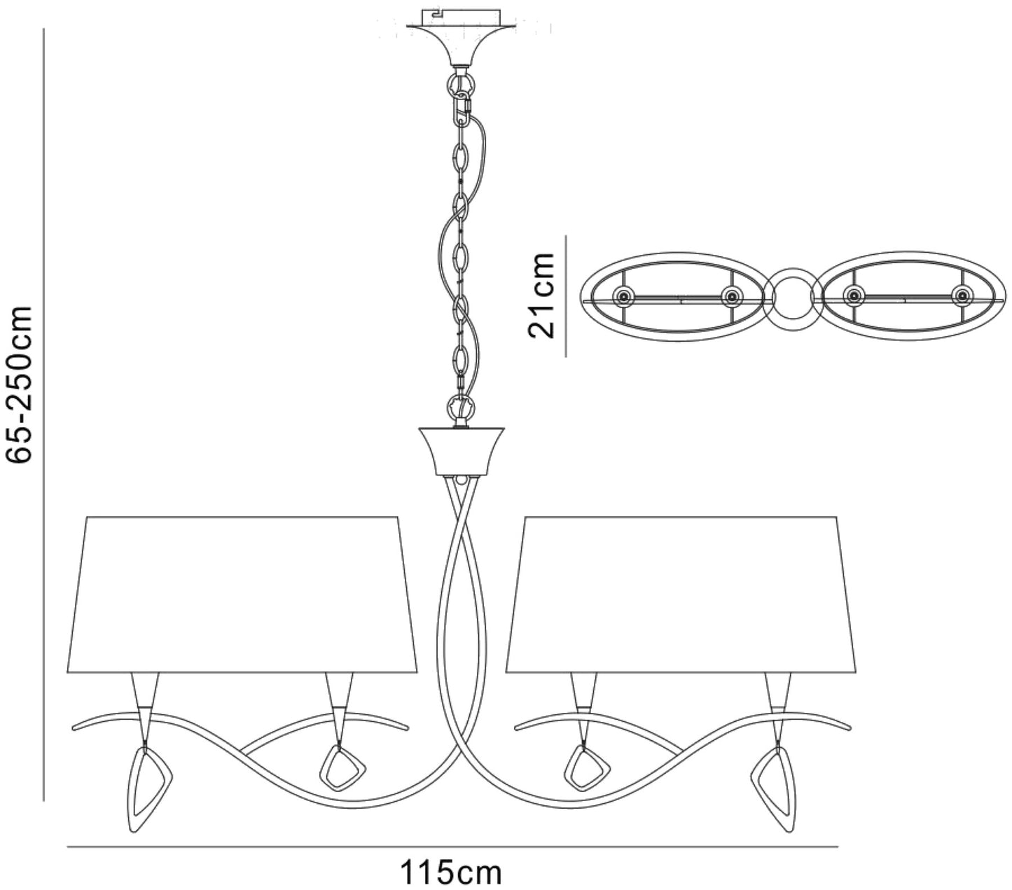 Mara Linear Pendant 2 Arm 4 Light E14, Polished Chrome With Ivory White Shades by Mantra