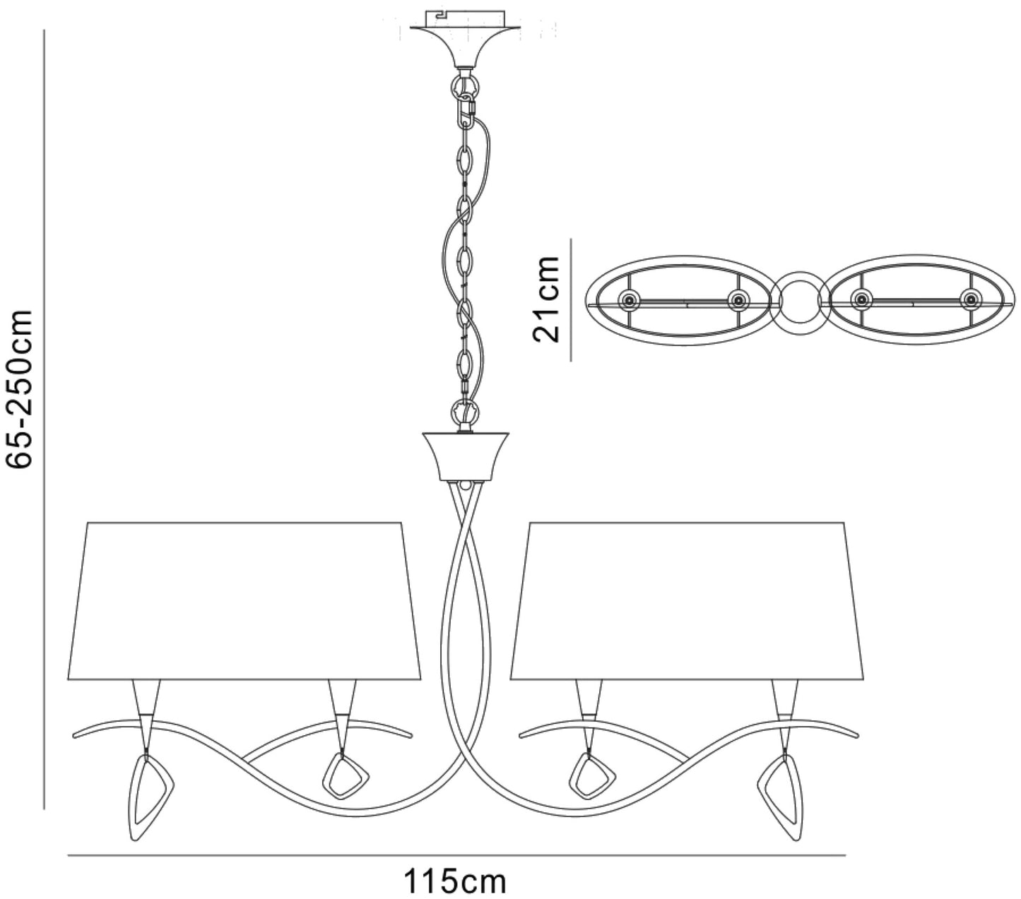 Mara Linear Pendant 2 Arm 4 Light E14, Antique Brass With Ivory White Shades by Mantra