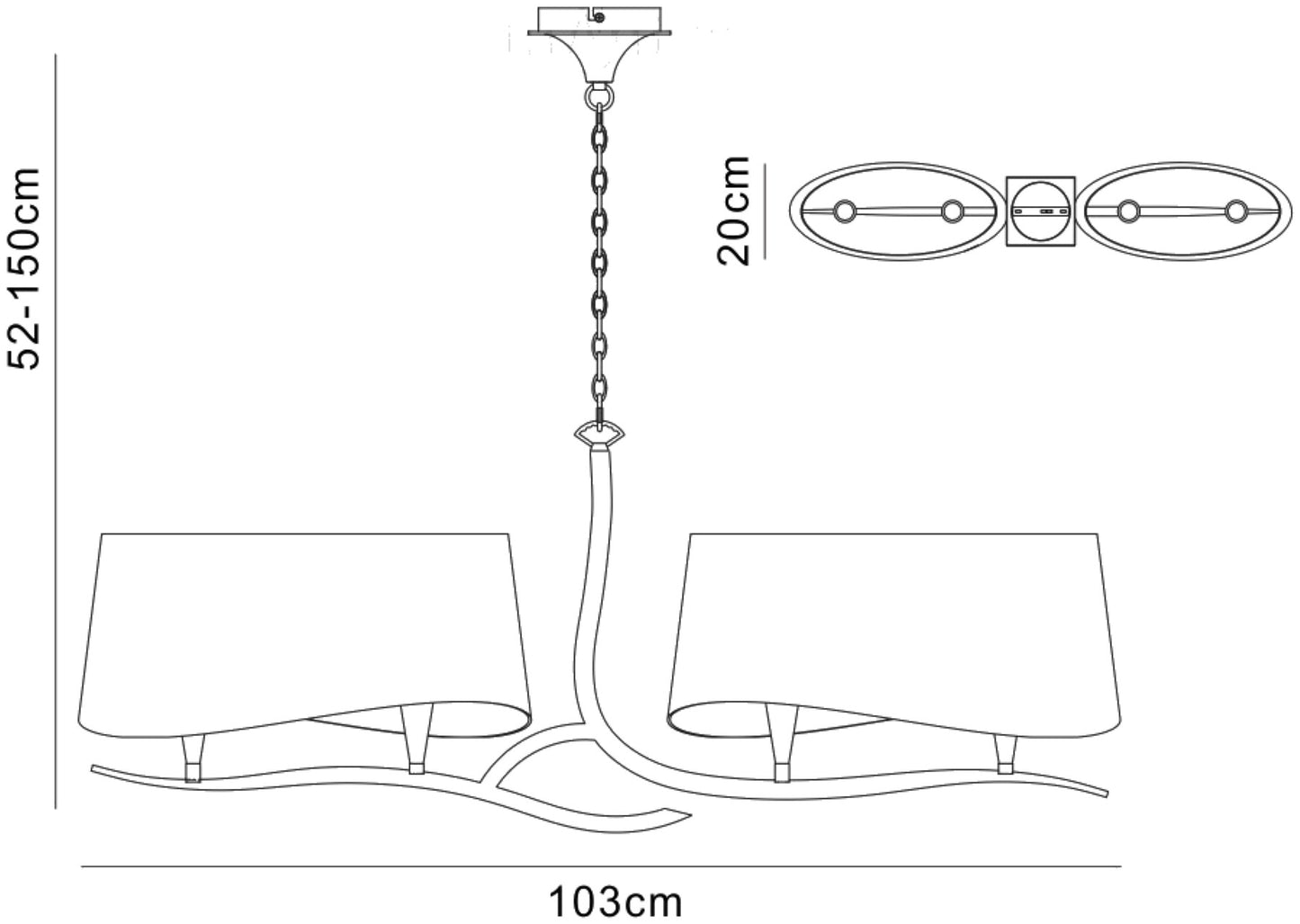 Ninette Linear Pendant 2 Arm 4 Light E14, Antique Brass With Ivory White Shades by Mantra